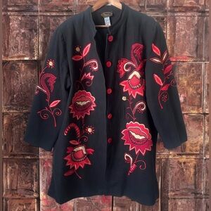 Alex Kim Black Embroidered Floral Longline Jacket Coat 1X ArtToWear